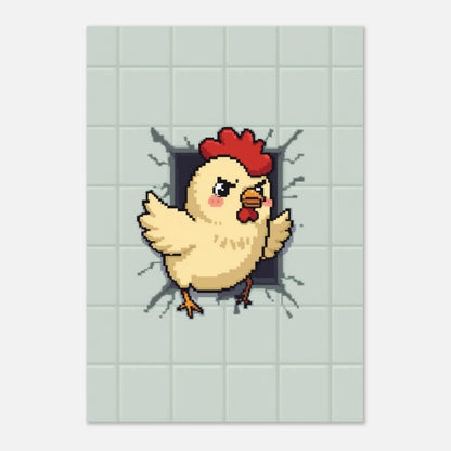 Söt kyckling med röd kam i pixel art stil, modern väggkonst