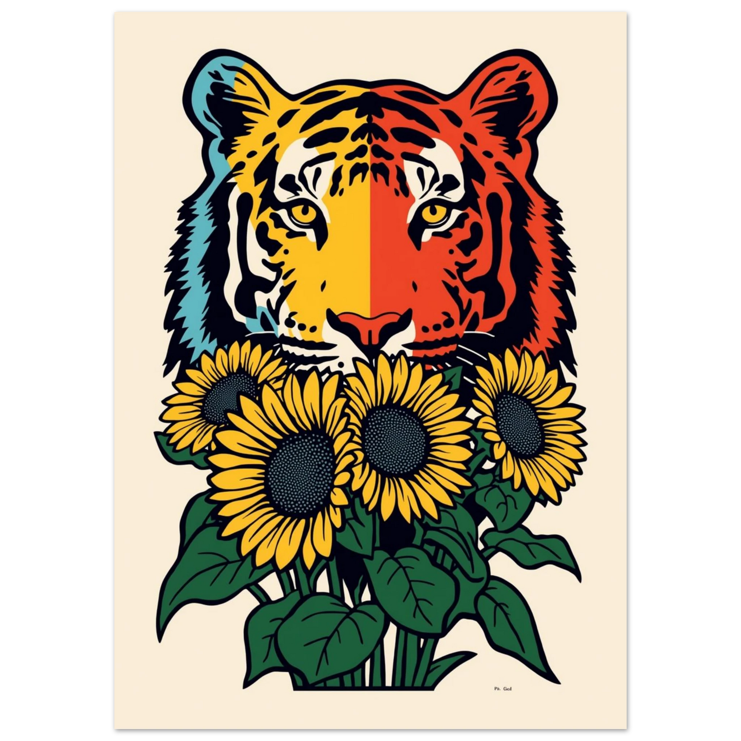 Modern djurposter föreställande tigeransikte bakom blommande solrosor i starka färger