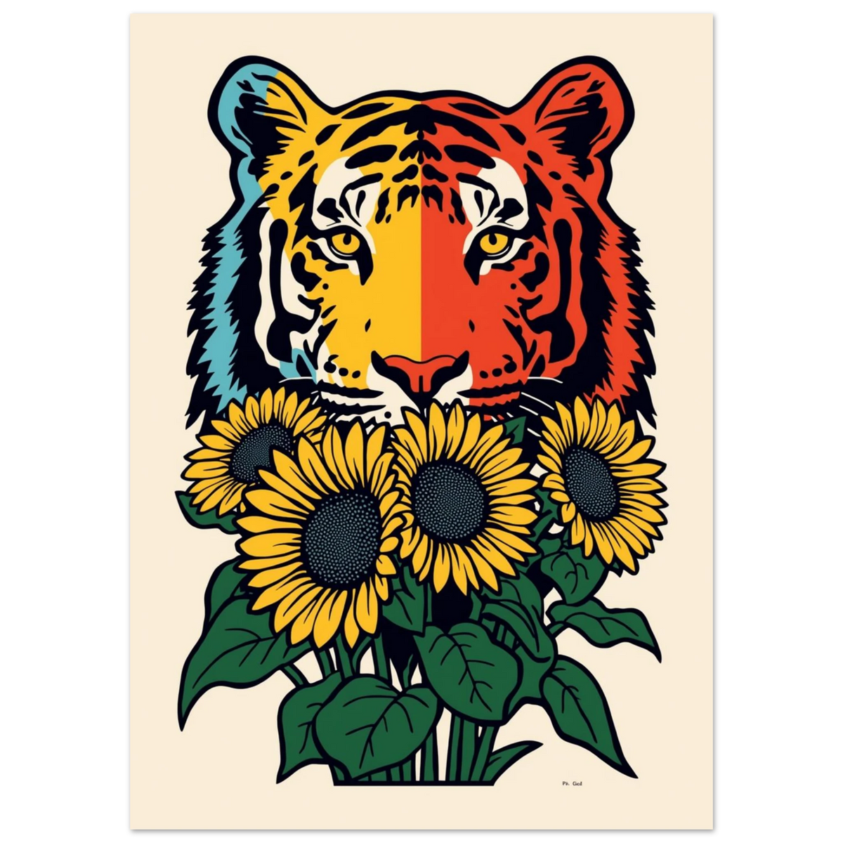 Modern djurposter föreställande tigeransikte bakom blommande solrosor i starka färger