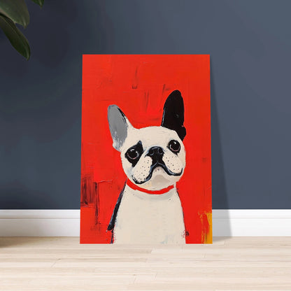 Fransk bulldog i konstnärlig stil, vit och svart med röd bakgrund.