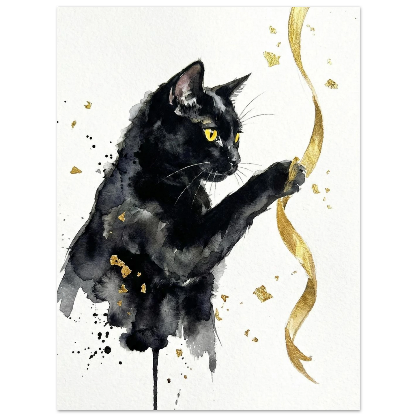 Elegant kattposter i svart och guld, modern akvarellmålning för vägg