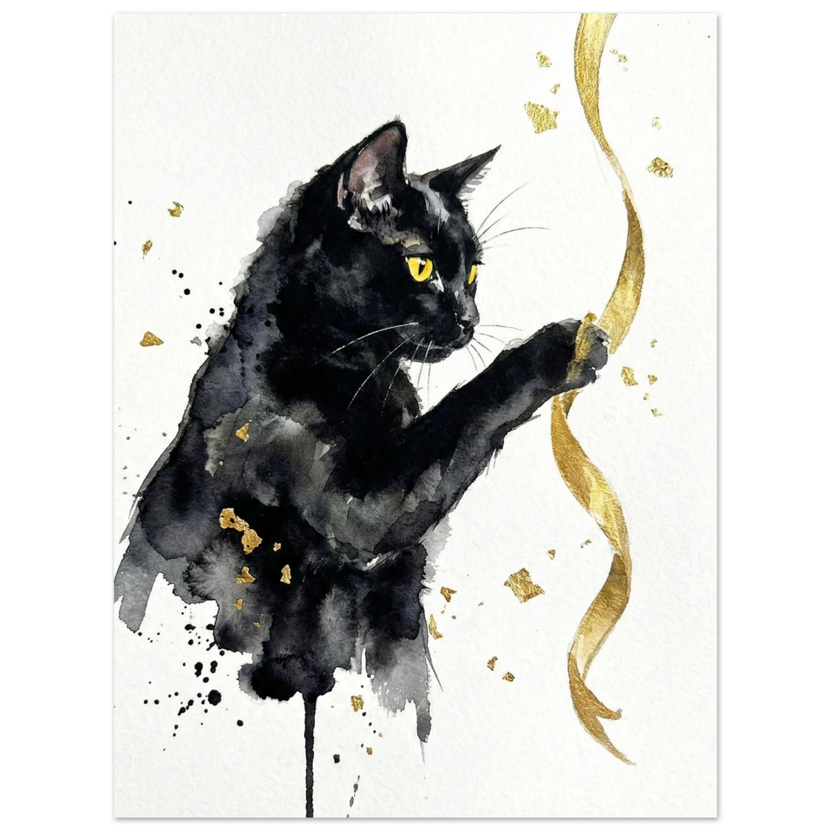 Elegant kattposter i svart och guld, modern akvarellmålning för vägg