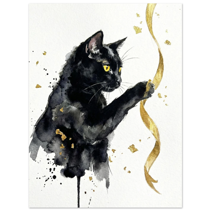 Elegant kattposter i svart och guld, modern akvarellmålning för vägg