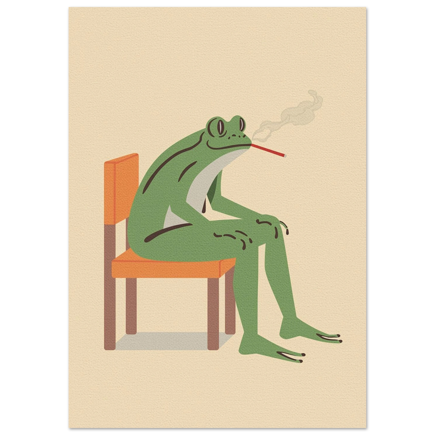Illustration av en avslappnad groda på stol, vintage djurmotiv i grönt