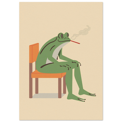 Illustration av en avslappnad groda på stol, vintage djurmotiv i grönt