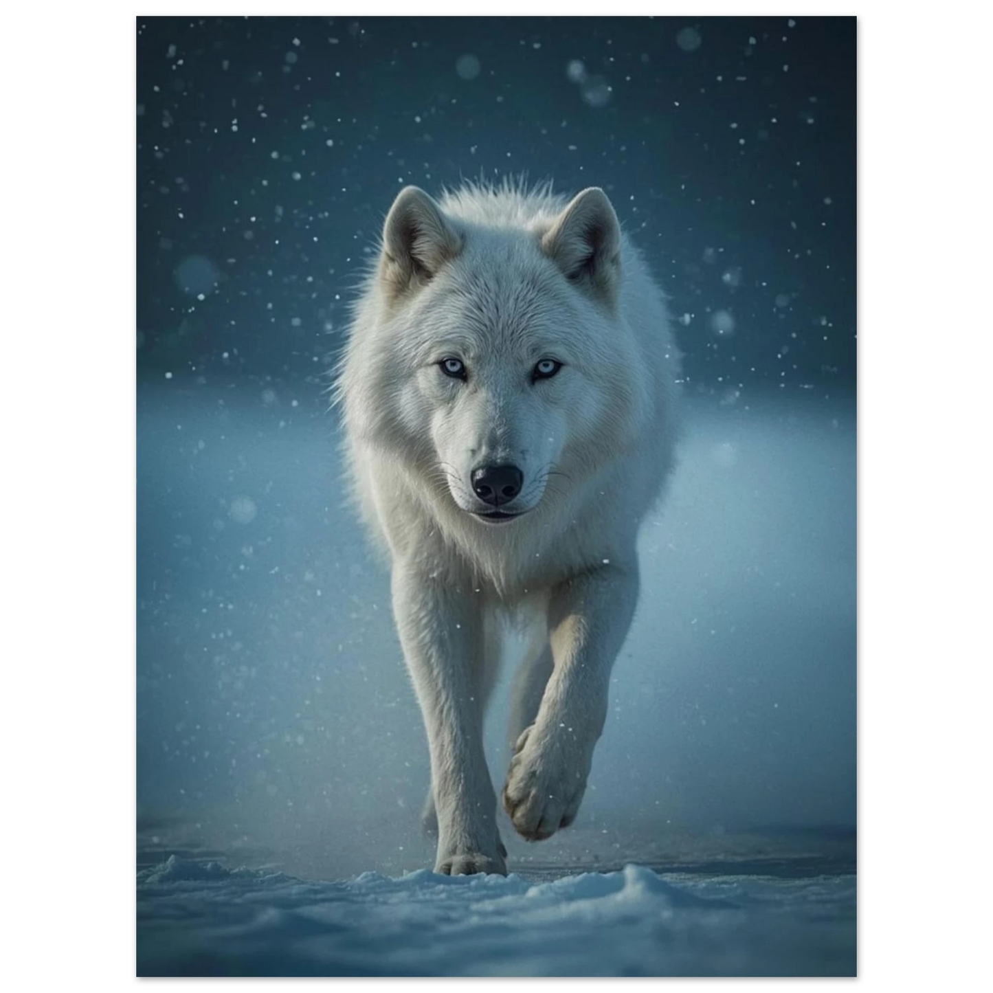 Majestätisk vit varg i rörelse under fallande snöflingor – naturmotiv