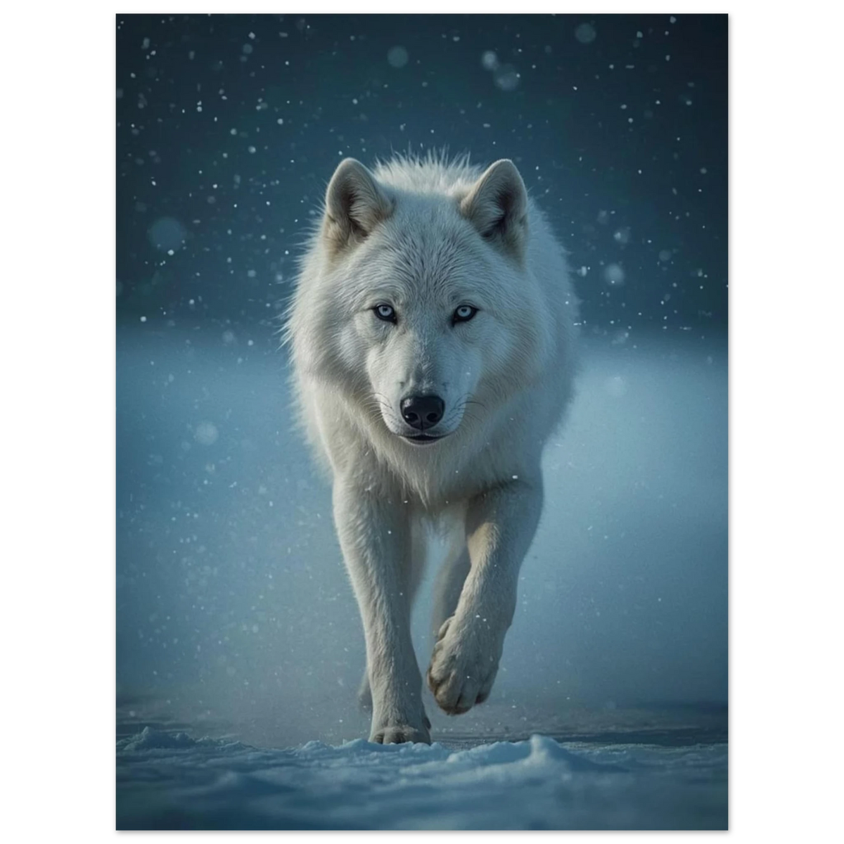 Majestätisk vit varg i rörelse under fallande snöflingor – naturmotiv