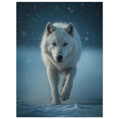 Majestätisk vit varg i rörelse under fallande snöflingor – naturmotiv