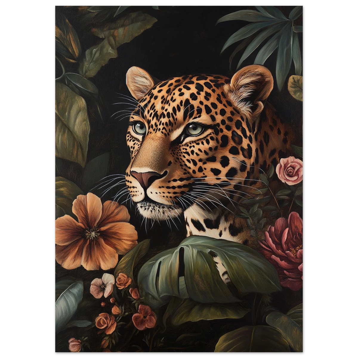 Närbild på leopardens blick omgiven av gröna blad – tropiskt motiv
