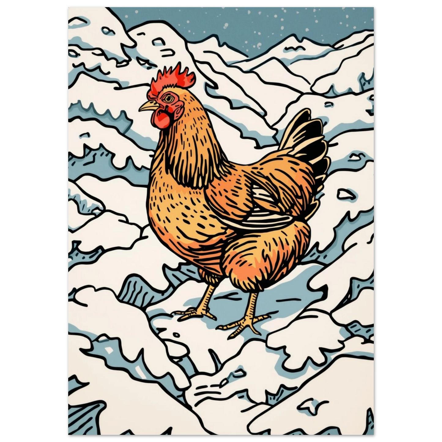 Närbild på en ståtlig höna mot snötäckta kullar – djurposter