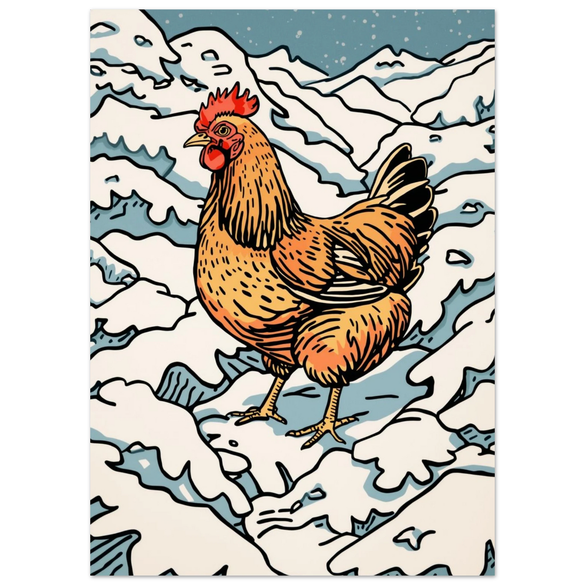 Närbild på en ståtlig höna mot snötäckta kullar – djurposter