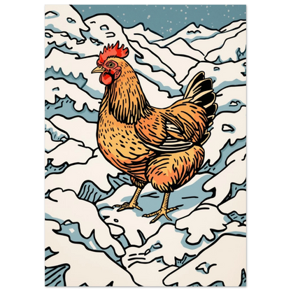 Närbild på en ståtlig höna mot snötäckta kullar – djurposter