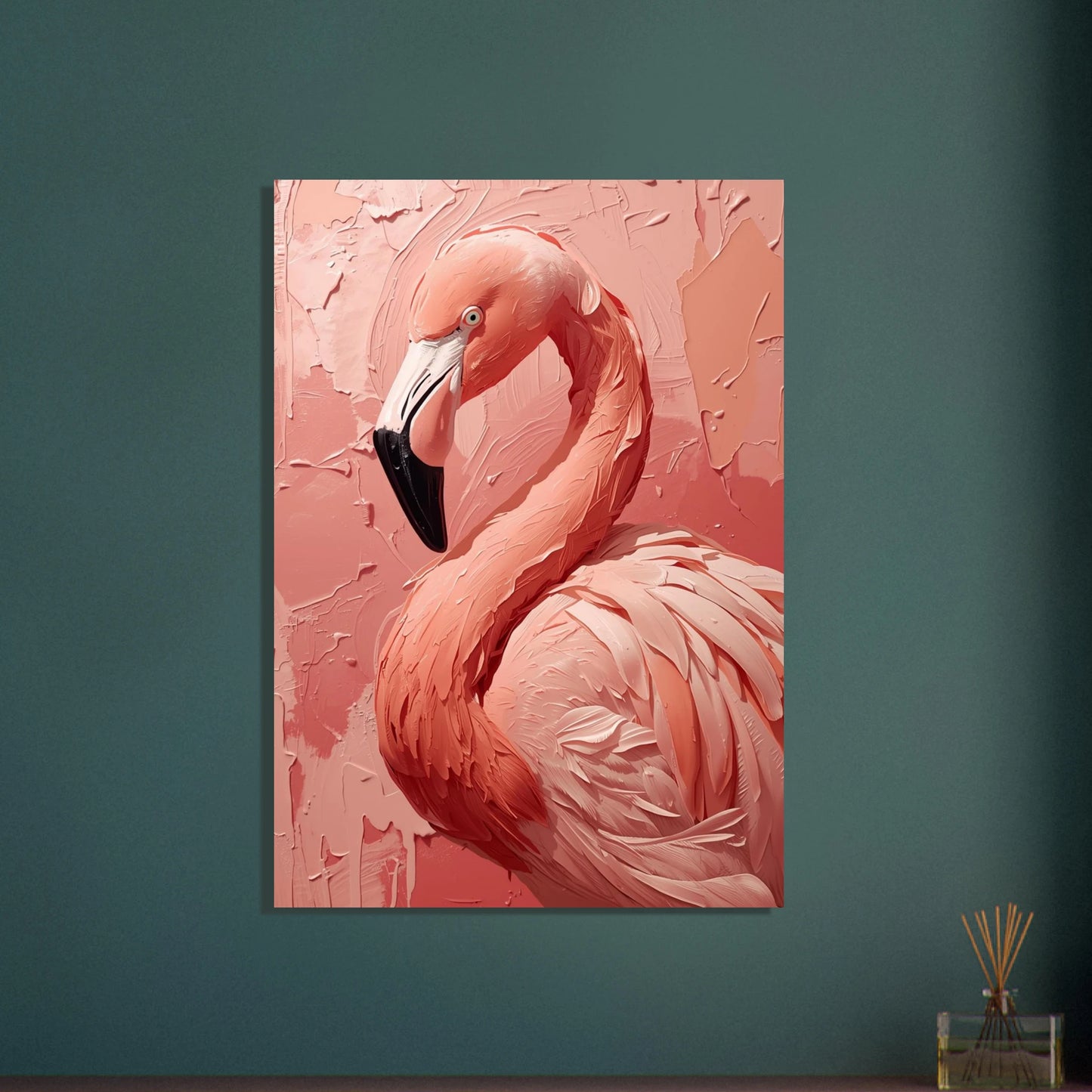 Flamingo i tjock impasto oljemålning, drömsk rosa konst