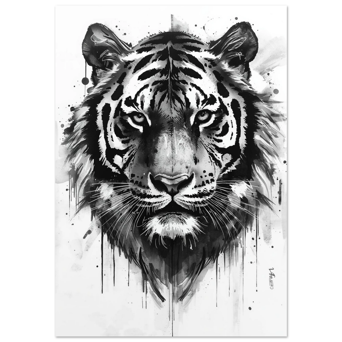 Svartvit tigerposter i expressiv kolstil med droppande bläckdetaljer på vit bakgrund