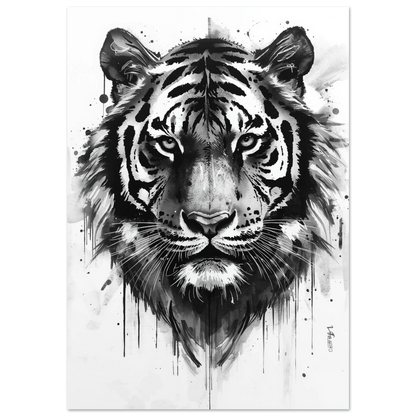 Svartvit tigerposter i expressiv kolstil med droppande bläckdetaljer på vit bakgrund