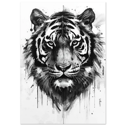 Svartvit tigerposter i expressiv kolstil med droppande bläckdetaljer på vit bakgrund