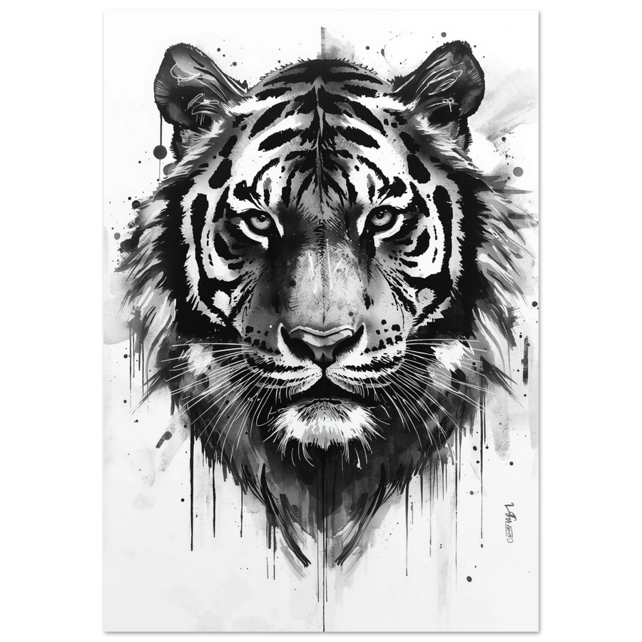 Svartvit tigerposter i expressiv kolstil med droppande bläckdetaljer på vit bakgrund