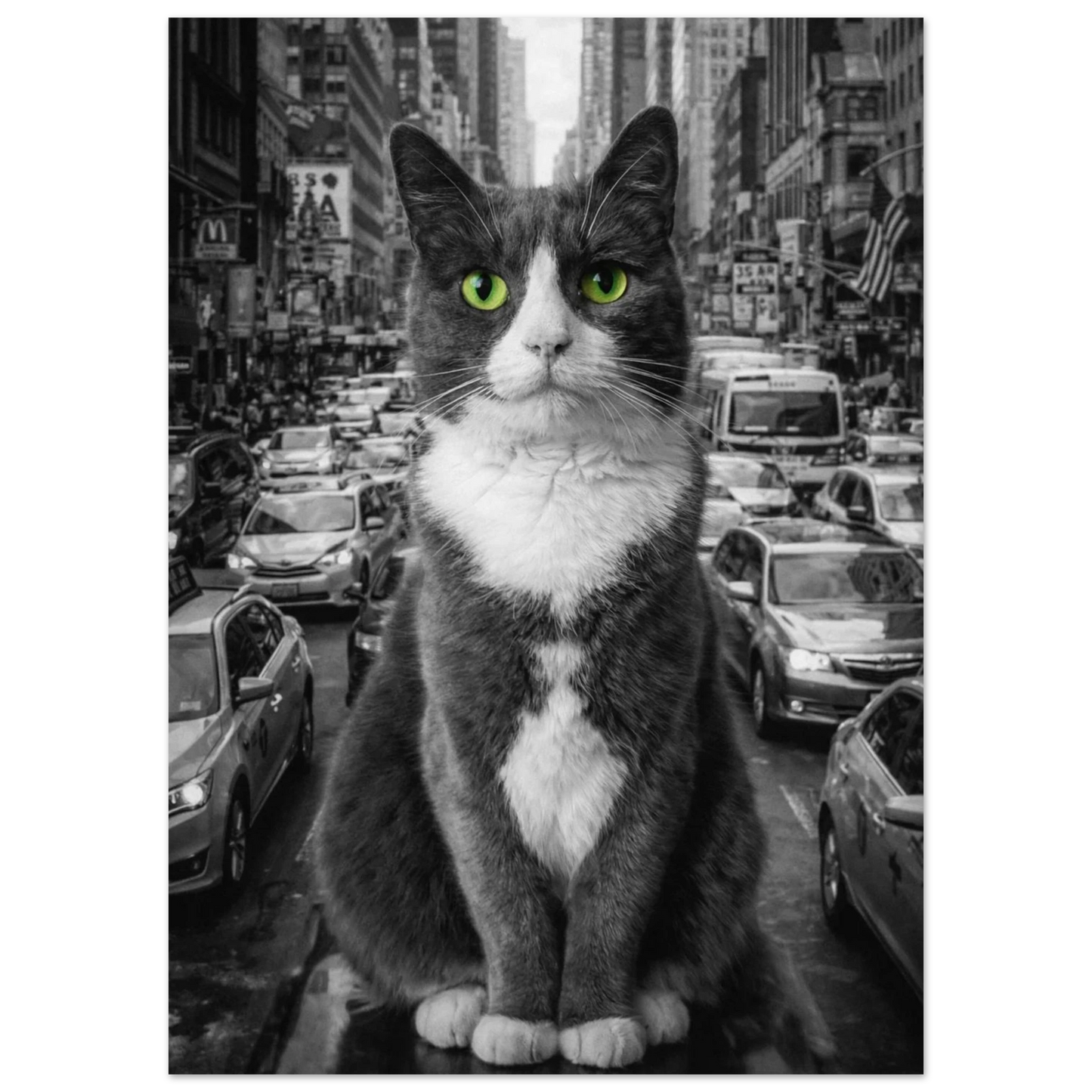 Närbild på en katt i stadsmiljö med gröna ögon, sett rakt framifrån – Fotorealistisk poster
