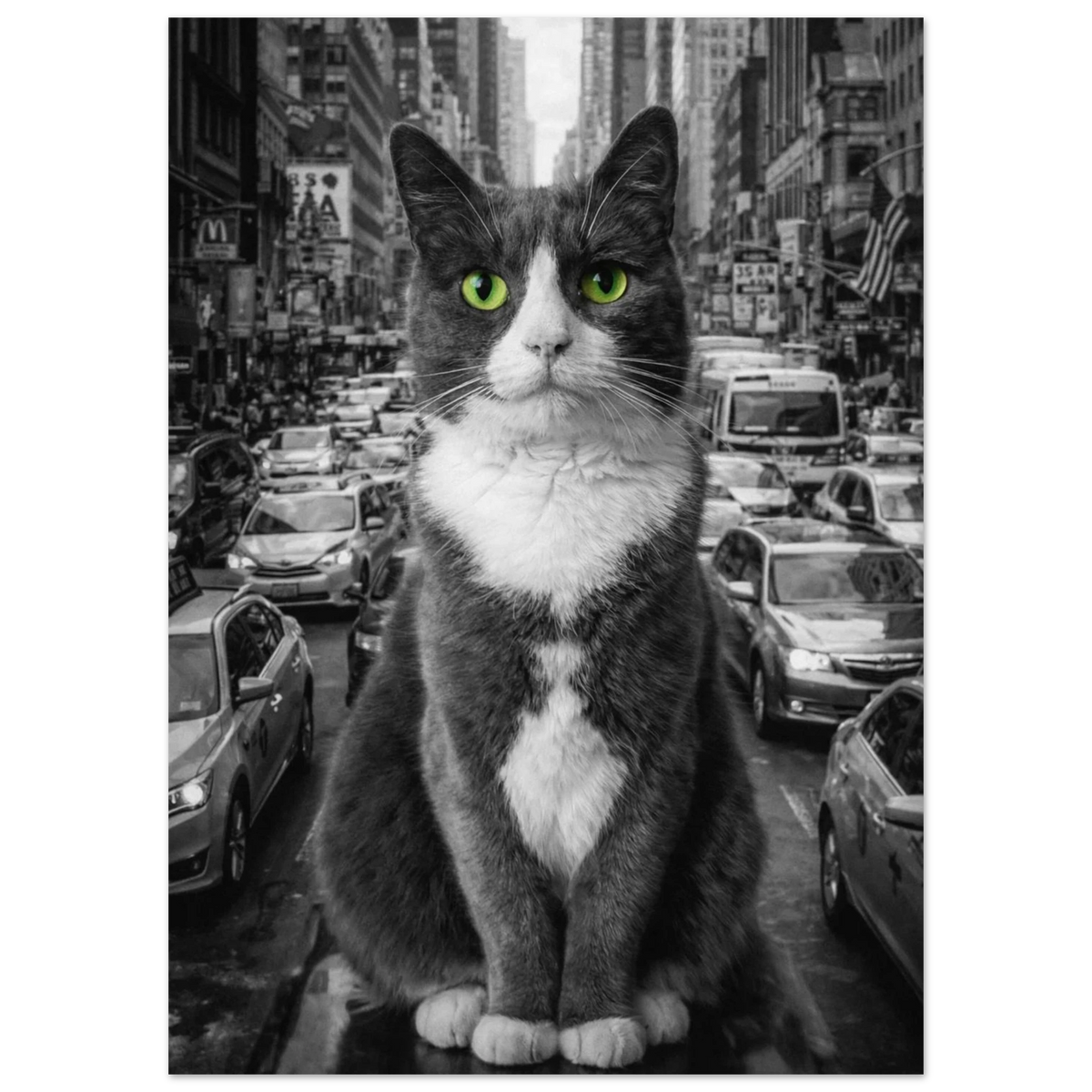 Närbild på en katt i stadsmiljö med gröna ögon, sett rakt framifrån – Fotorealistisk poster