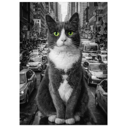 Närbild på en katt i stadsmiljö med gröna ögon, sett rakt framifrån – Fotorealistisk poster