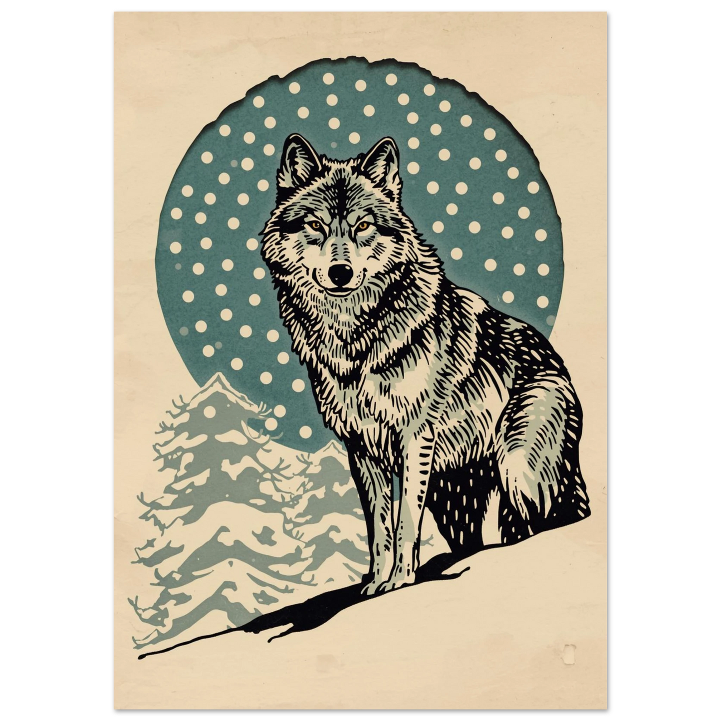 Konstnärlig illustration av en sittande varg i en vintrig snöstorm