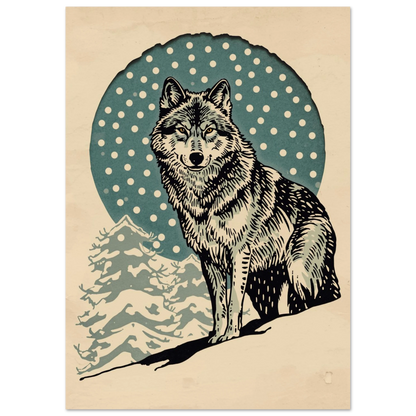 Konstnärlig illustration av en sittande varg i en vintrig snöstorm