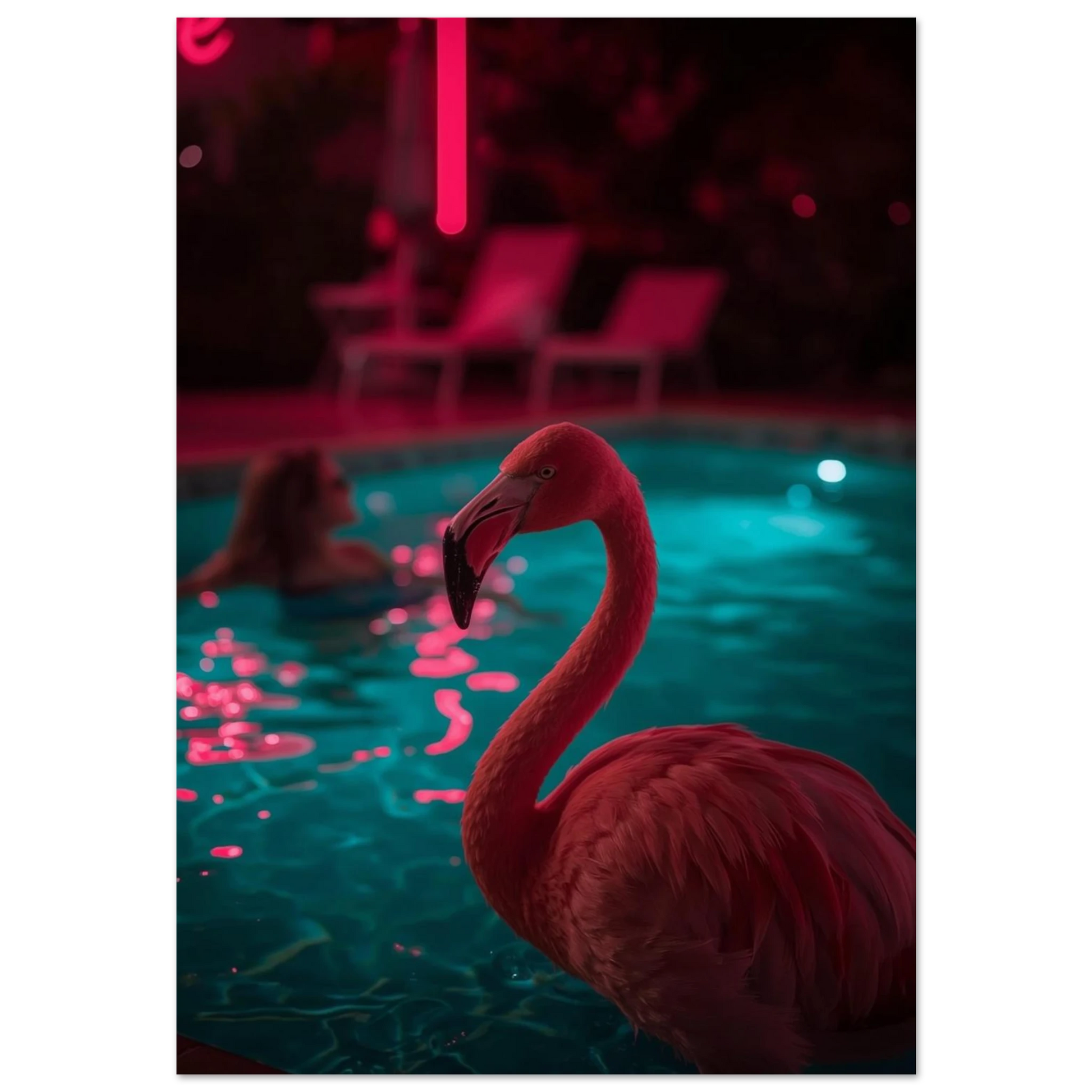 Rosa flamingo i turkos pool med neonrosa reflektioner – modern djurposter