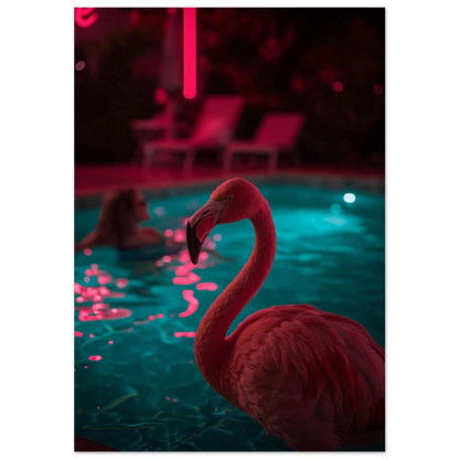 Rosa flamingo i turkos pool med neonrosa reflektioner – modern djurposter