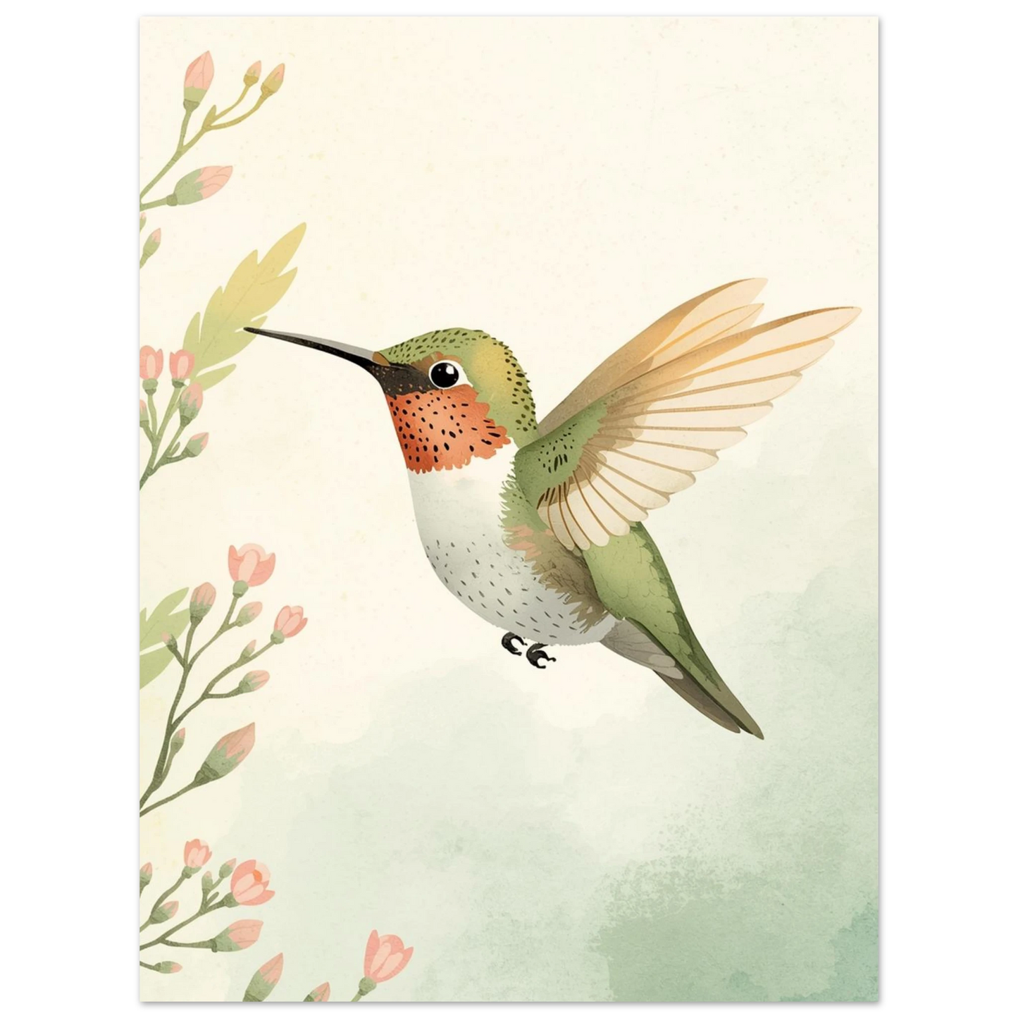 Sirlig fågelposter med kolibri i grönaktig naturmiljö och akvarellteknik