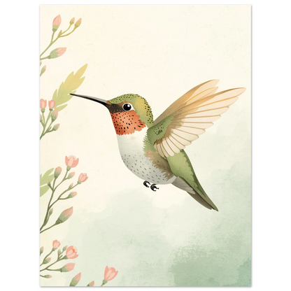Sirlig fågelposter med kolibri i grönaktig naturmiljö och akvarellteknik