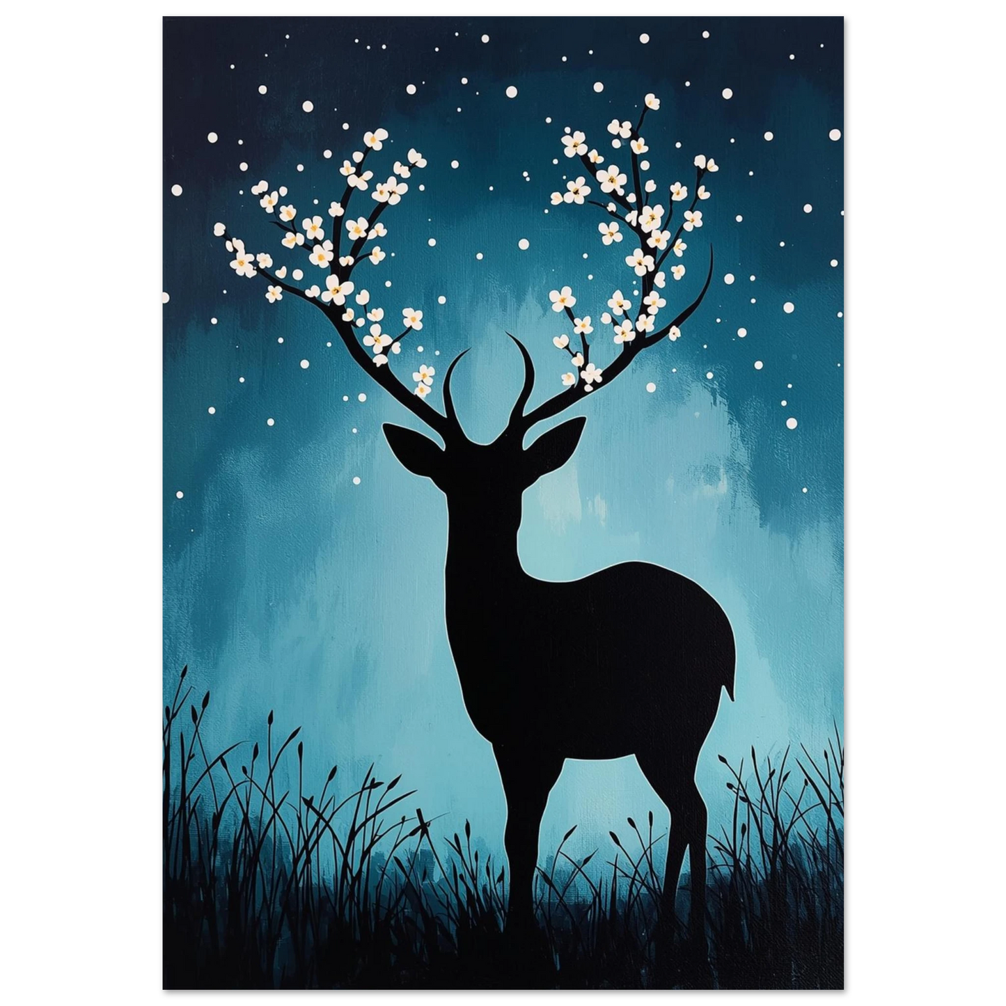 Svart hjortsilhuett med blommande horn mot mörkblå nattlig bakgrund