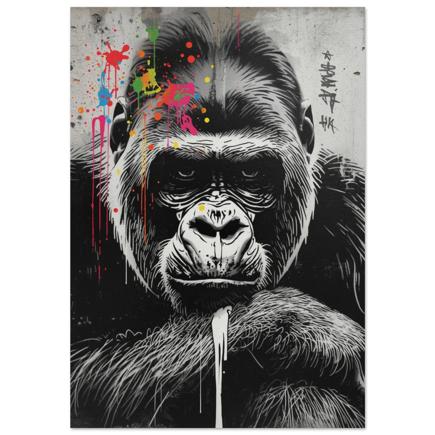Gorilla i svartvit street art-stil med färgglada färgstänk på huvudet