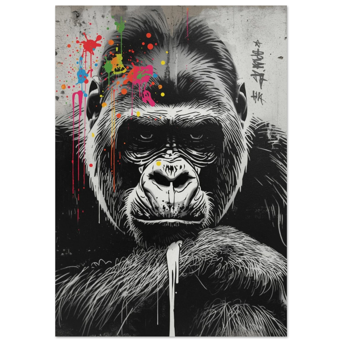 Gorilla i svartvit street art-stil med färgglada färgstänk på huvudet