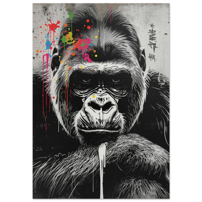 Gorilla i svartvit street art-stil med färgglada färgstänk på huvudet