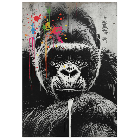 Gorilla i svartvit street art-stil med färgglada färgstänk på huvudet