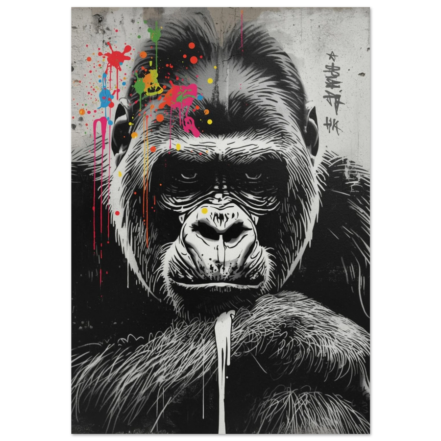 Gorilla i svartvit street art-stil med färgglada färgstänk på huvudet