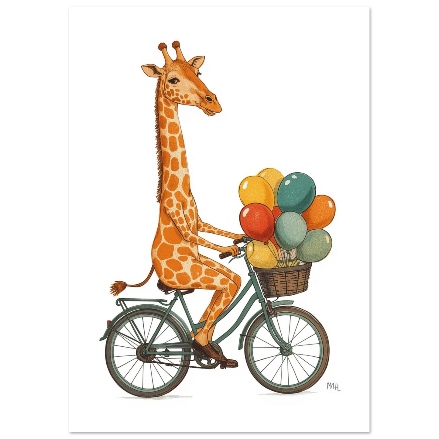Charmig giraffposter med motiv av djur på cykel, grafisk illustration