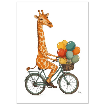 Charmig giraffposter med motiv av djur på cykel, grafisk illustration