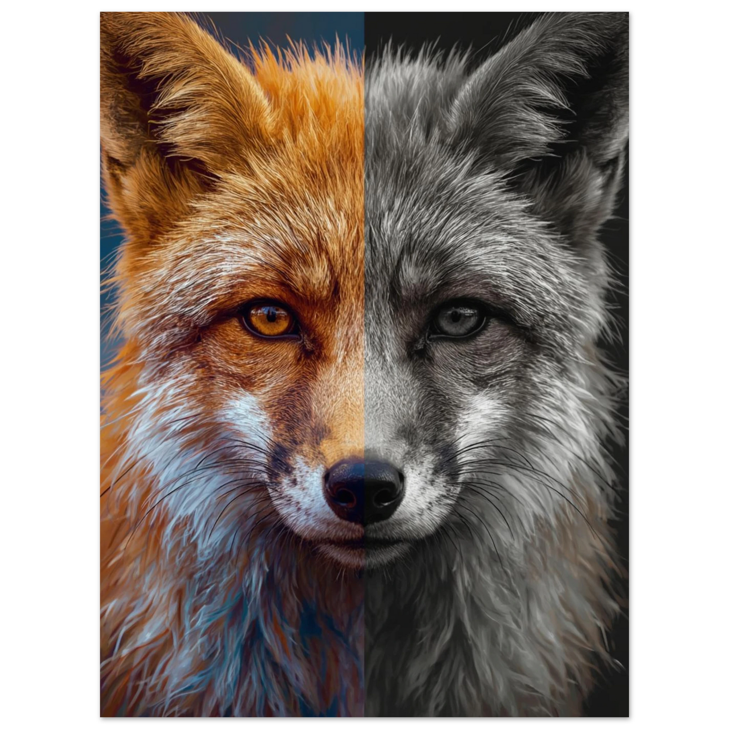 Digital illustration av räv med fokus på pälsstruktur och dubbel natur – print