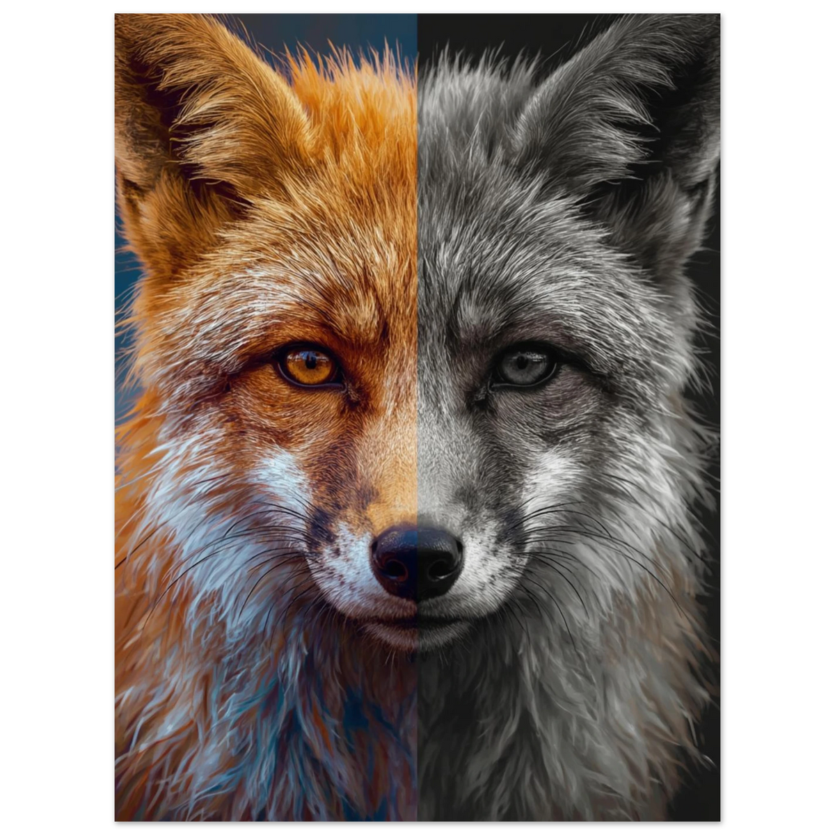 Digital illustration av räv med fokus på pälsstruktur och dubbel natur – print