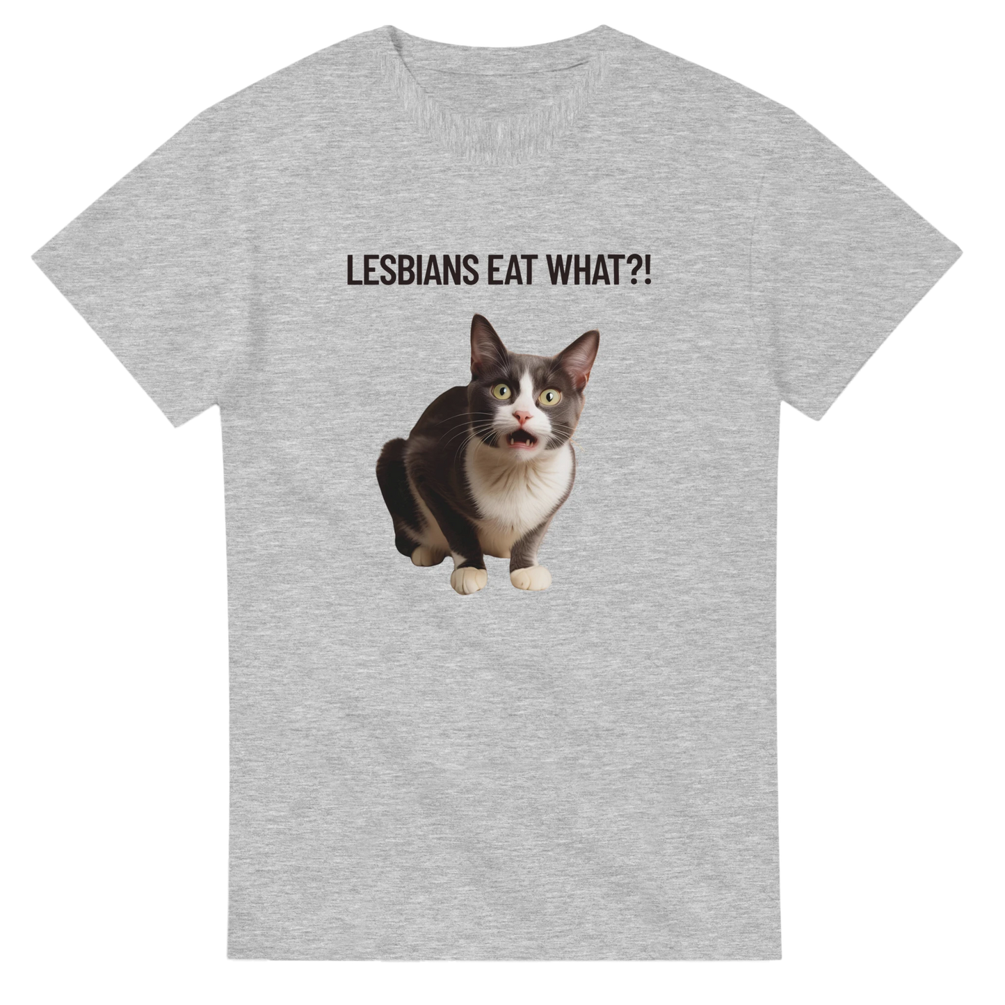 Gråmelerad t-shirt med förvånad svartvit katt och texten Lesbians eat what