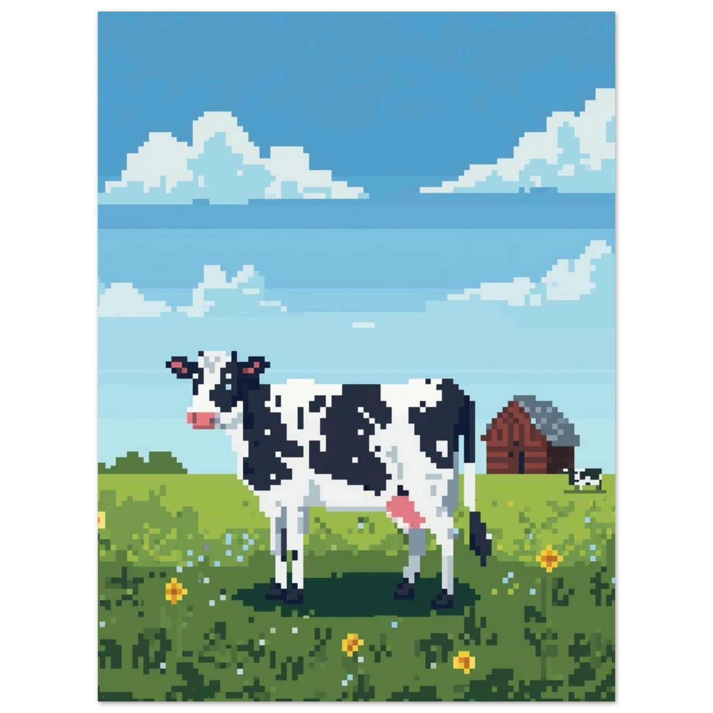 Lantlig idyll med ko i pixelstil och fluffiga moln – väggkonst