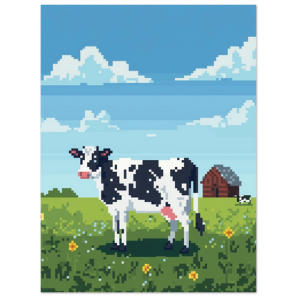Lantlig idyll med ko i pixelstil och fluffiga moln – väggkonst