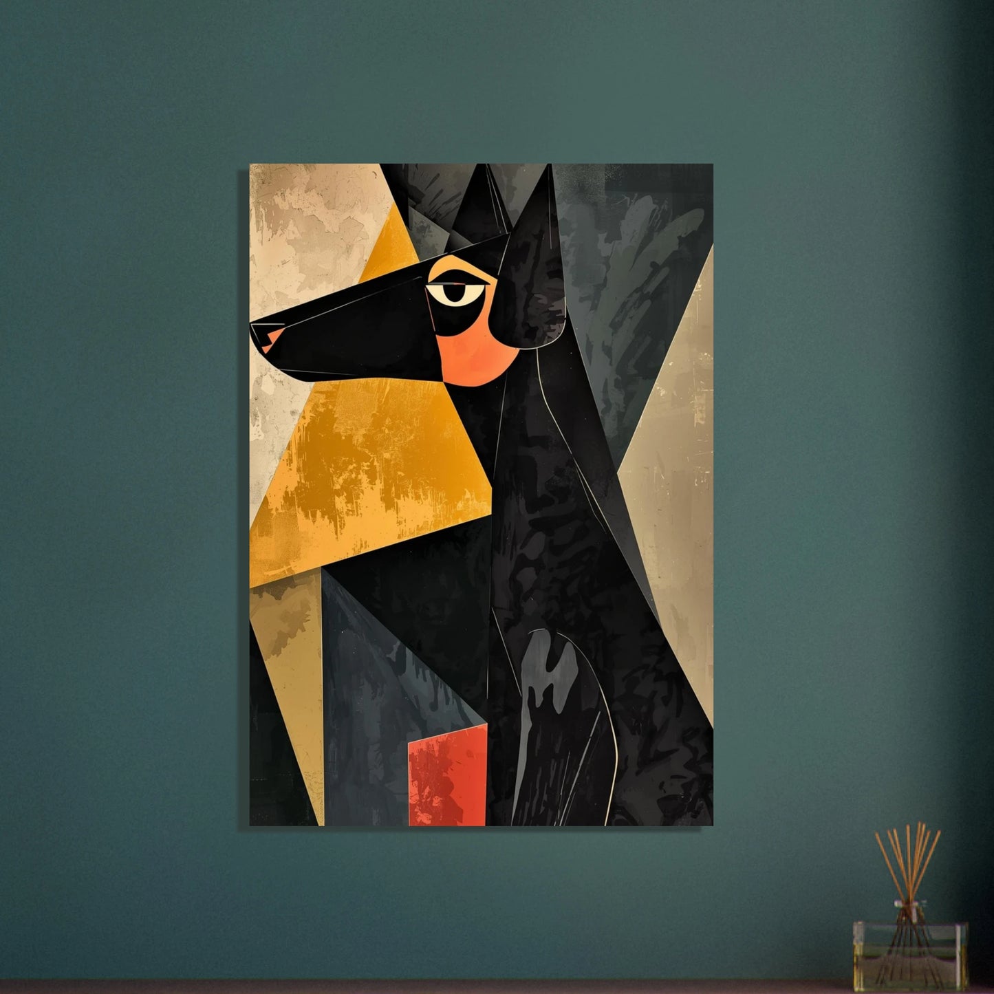 Kubistisk hund i svart, orange och grått, modern konst