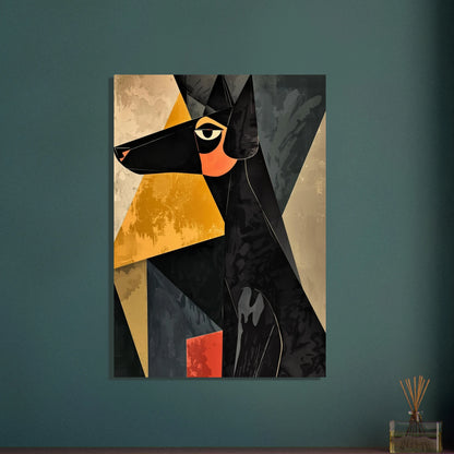 Kubistisk hund i svart, orange och grått, modern konst