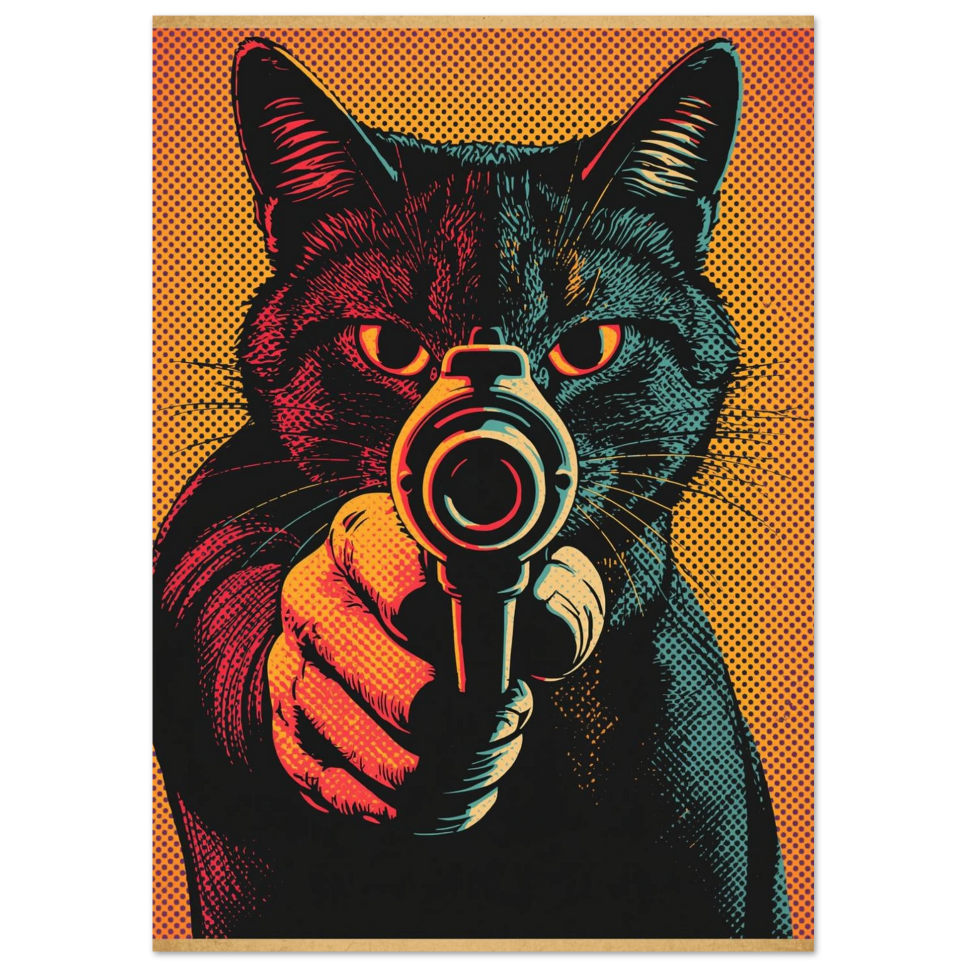 Stiliserad katt med revolver i popkonststil, intensiva färger