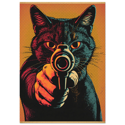 Stiliserad katt med revolver i popkonststil, intensiva färger