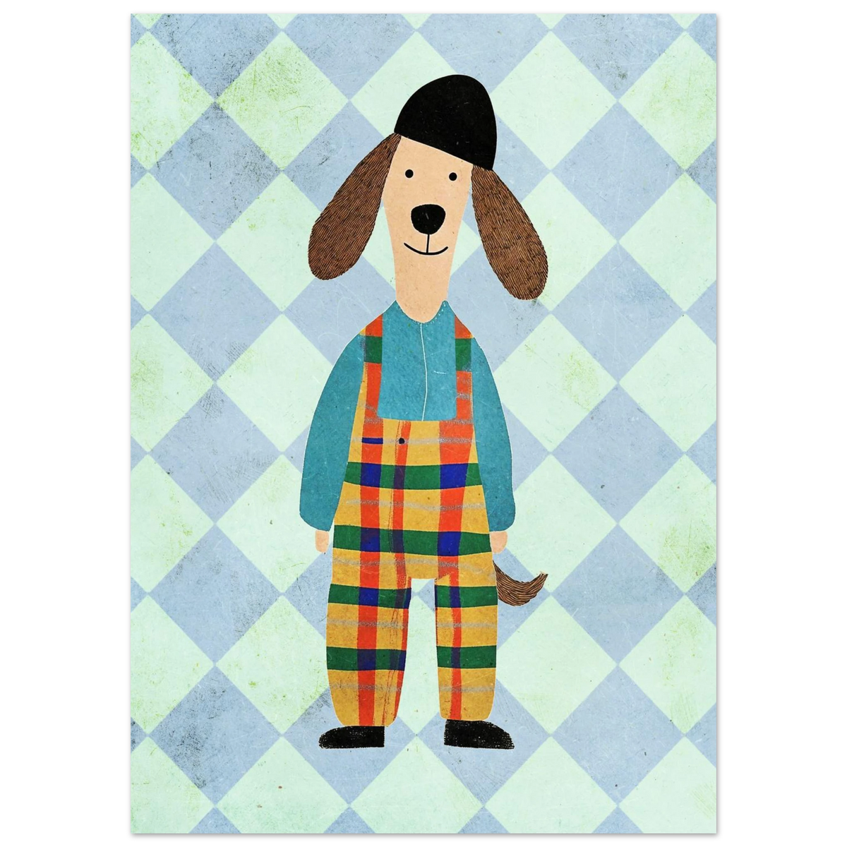 Glad hundillustration med hängande öron och färgglada rutiga byxor på väggkonst