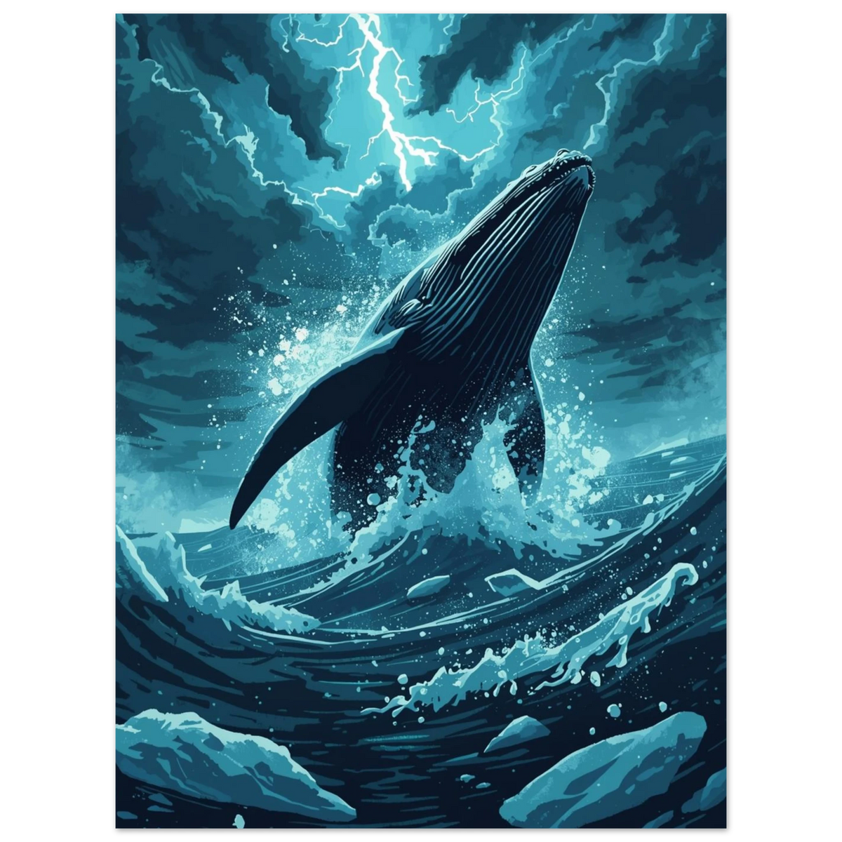 Kraftfull marinmålning med en hoppande val och lysande blixtar – modern poster