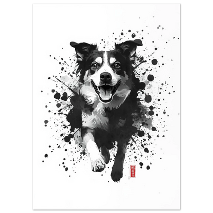 Modern väggkonst föreställande en hund i full fart på vit bakgrund – målad poster